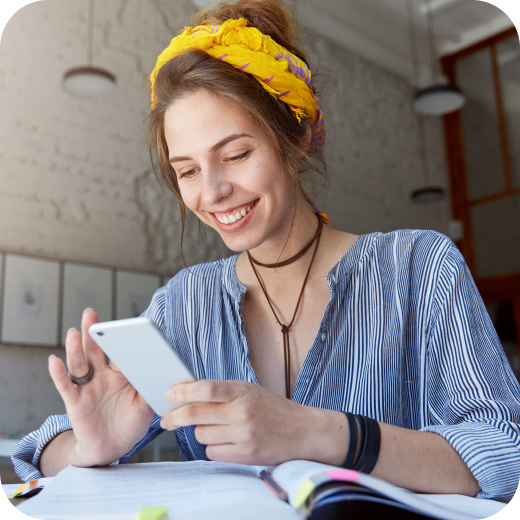 woman with phone clicking through learning app